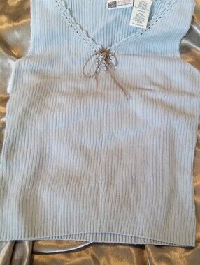 #053 Light Blue Ribbed V-Neck Tank with Lace-Up Detail  S